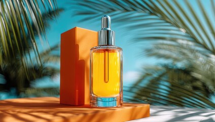 Amber serum bottle, orange backdrop, tropical setting