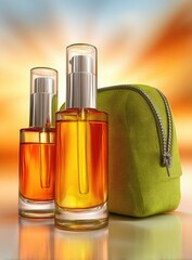 Two amber glass bottles with pump tops and a lime green cosmetic bag