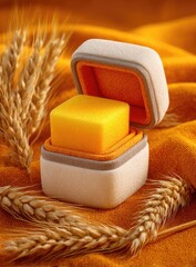 Yellow cube in open box, wheat stalks