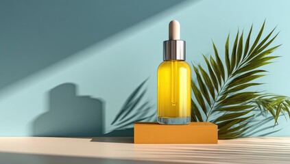 Amber serum dropper bottle on a podium, tropical leaf backdrop