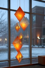 Geometric light fixture, warm hues, winter scene