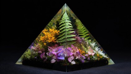 Clear pyramid, vibrant flora inside