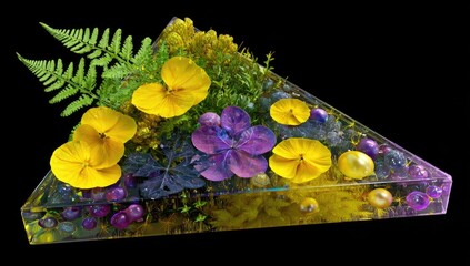Triangular floral arrangement in clear resin