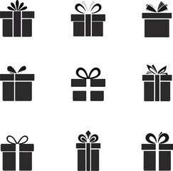 Collection of nine black silhouette gift boxes with various bow styles in simple vector design