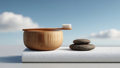 Wooden bowl, toothbrush, and stones on a white towel, serene scene
