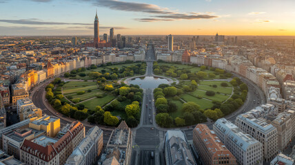 Aerial view of milan cityscape featuring sforza castle and a circular park at sunset