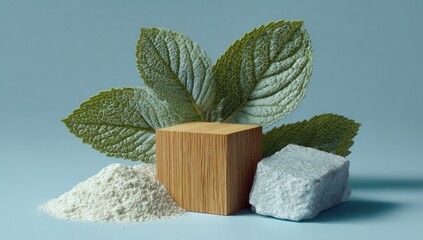Light-blue backdrop, wooden cube, powder, and leaves