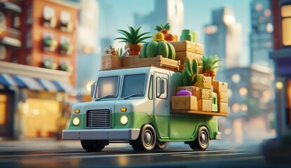 Animated delivery van loaded with produce