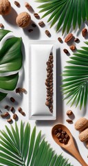 White coffee pouch, surrounded by nuts, leaves, and coffee beans