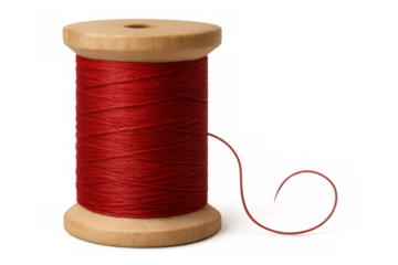 Red thread spool sitting near transparent backdrop, highlighting crafting versatility with bold, vivid coloration