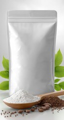 White powder in a stand-up pouch, with coffee beans