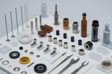 A collection of various small metal and plastic parts arranged on a white surface