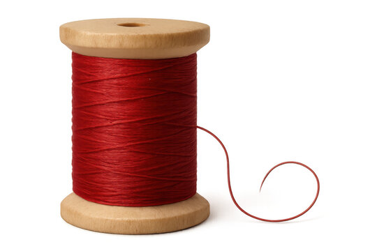 Red thread spool sitting near transparent backdrop, highlighting crafting versatility with bold, vivid coloration