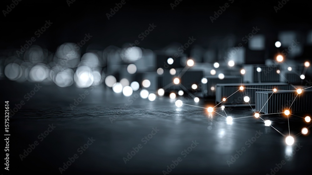 Poster e-commerce data logistics network connection visualized with glowing icons for digital shopping and 