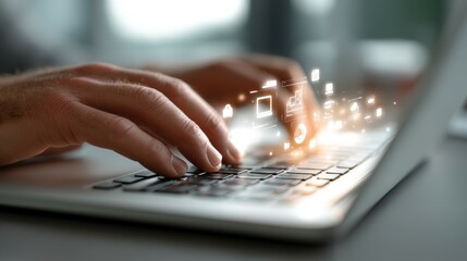 Hands Typing on Laptop with Digital Icons Representing Technology and Innovation