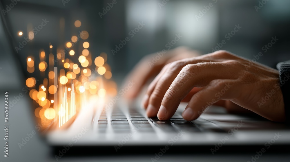 Poster hands typing on laptop keyboard with digital bokeh lights in background