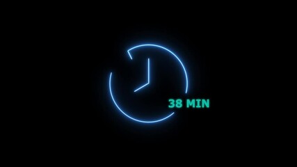38 minute countdown timer Animation. analog neon clock icon animation . black background
