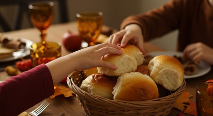 A warm and inviting scene of a child's hands reaching for a dinner roll from a bread basket on a festive Thanksgiving table. Focus on the hands and the soft, fluffy texture of the rolls.