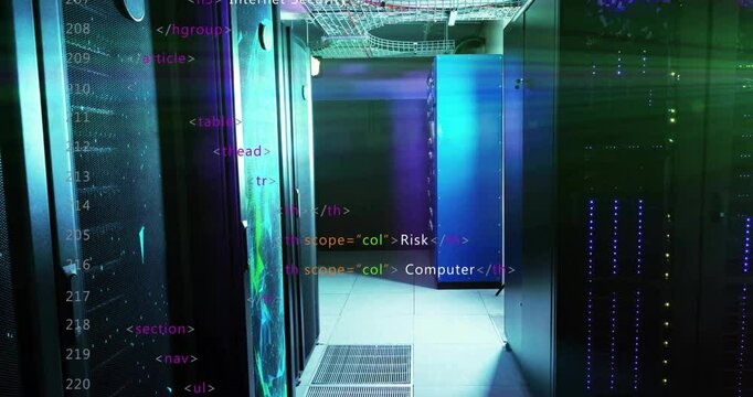 After opening frame, HTML code fading and scrolling over server corridor showing cyber security