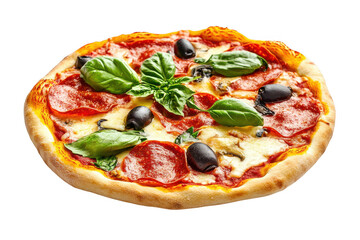 Delicious pepperoni pizza with black olives and fresh basil leaves isolated on transparent background