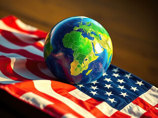 Vibrant globe resting on American flag, symbolizing global unity and international relations