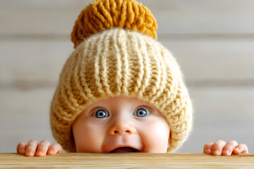 Adorable baby wearing cozy knitted winter hat with pompom peeking over wooden table
