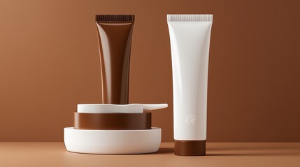 Two cosmetic tubes displayed on a modern pedestal.