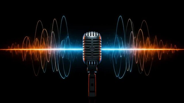 Vintage Microphone with Dynamic Audio Waves Visualizer on Black Background.