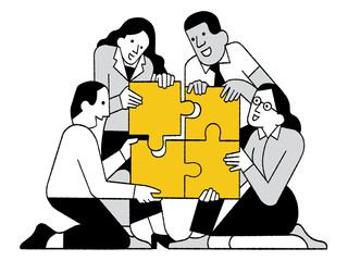 Businesspeople teamwork put pieces of jigsaws together in concept of solving problem and solutions togetherness. Cute character vector illustration, outline, linear, thin line art, hand drawn sketch.