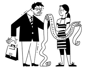 Husband and wife holding long list, debt scroll, in worry of huge payment in family. Cute character vector illustration, outline, thin line art, hand drawn sketch design, black and white, simple style
