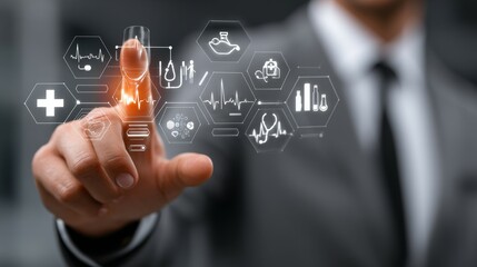 Businessman Engaging with Transparent Healthcare Technology Interface on Screen