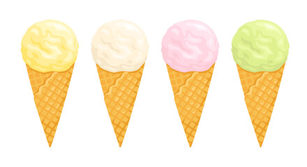 Set of Ice cream balls in waffle cones isolated on white. Vector cartoon flat illustration