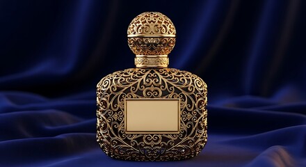 Ornate gold perfume bottle on blue silk intricate filigree