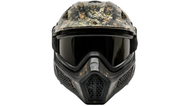 Paintball helmet with tactical visor and camouflage, background isolated on a Transparent background, PNG file.