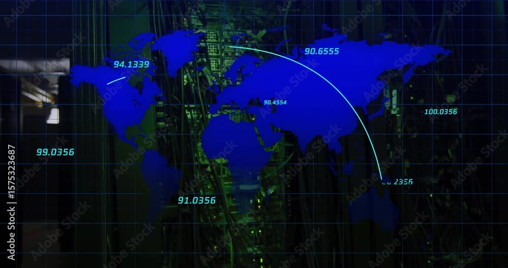 Poster on world map overlay animating, metrics appearing, arcs extending network connectivity