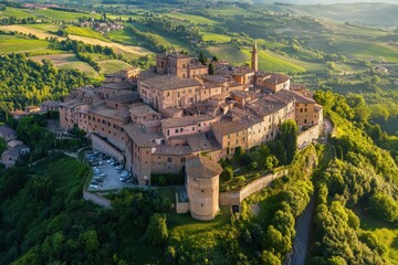 Fototapeta premium Explore Montepulciano, Tuscany from above showcasing its historic architecture and stunning landscape, Montepulciano, Tuscany, Italy Aerial Drone Footage Dolly and Pan from Left to Right