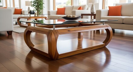 Modern living room with wooden coffee table and sofas