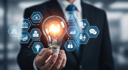 Glowing lightbulb with A I and technology icons artificial intelligence