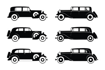 Fototapeta premium Vintage Car Collection: A striking silhouette of classic automobiles from bygone eras, each exuding timeless charm and historical elegance.