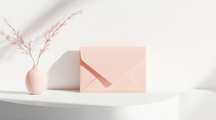 Delicate pink envelope and vase on a white surface.