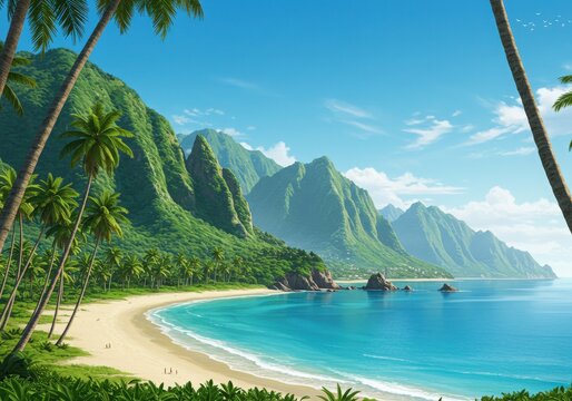 Tropical beach with palm trees and dramatic green mountains under a sunny sky
