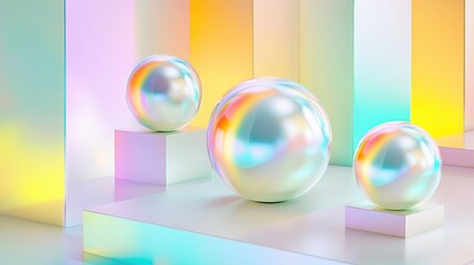 Three iridescent spheres on pastel-colored platforms.
