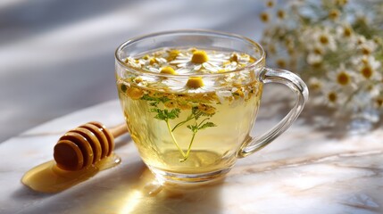 Warm Chamomile Tea with Honey and Flowers on Marble Surface