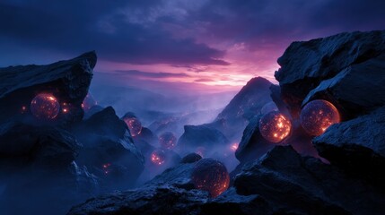 Glowing Spheres Among Dark Volcanic Rocks at Sunset