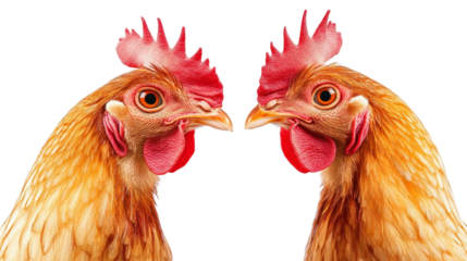 Pair of beautiful chickens facing each other symmetrically, background isolated on a Transparent background, PNG file.