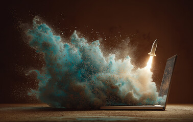 laptop with rocket coming out of the screen, rocket taking off from laptop screen