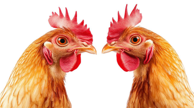 Pair of beautiful chickens facing each other symmetrically, background isolated on a Transparent background, PNG file.