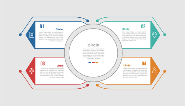 circle shape infographic diagram with big circle center and sharp arrow on quadrant structure with 4 step for slide presentation