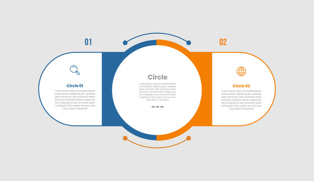 circle shape infographic diagram with big circle center and round rectangle opposite direction with 2 step for slide presentation