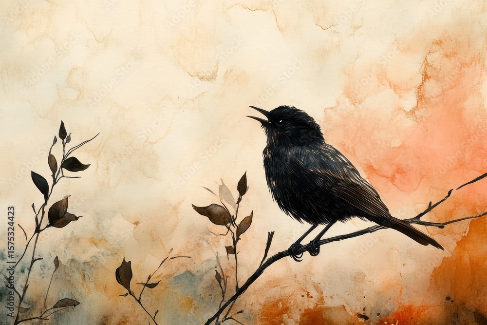 Poster bird chirping on a twig against a soft watercolor background at sunset, bird chirping on a twig